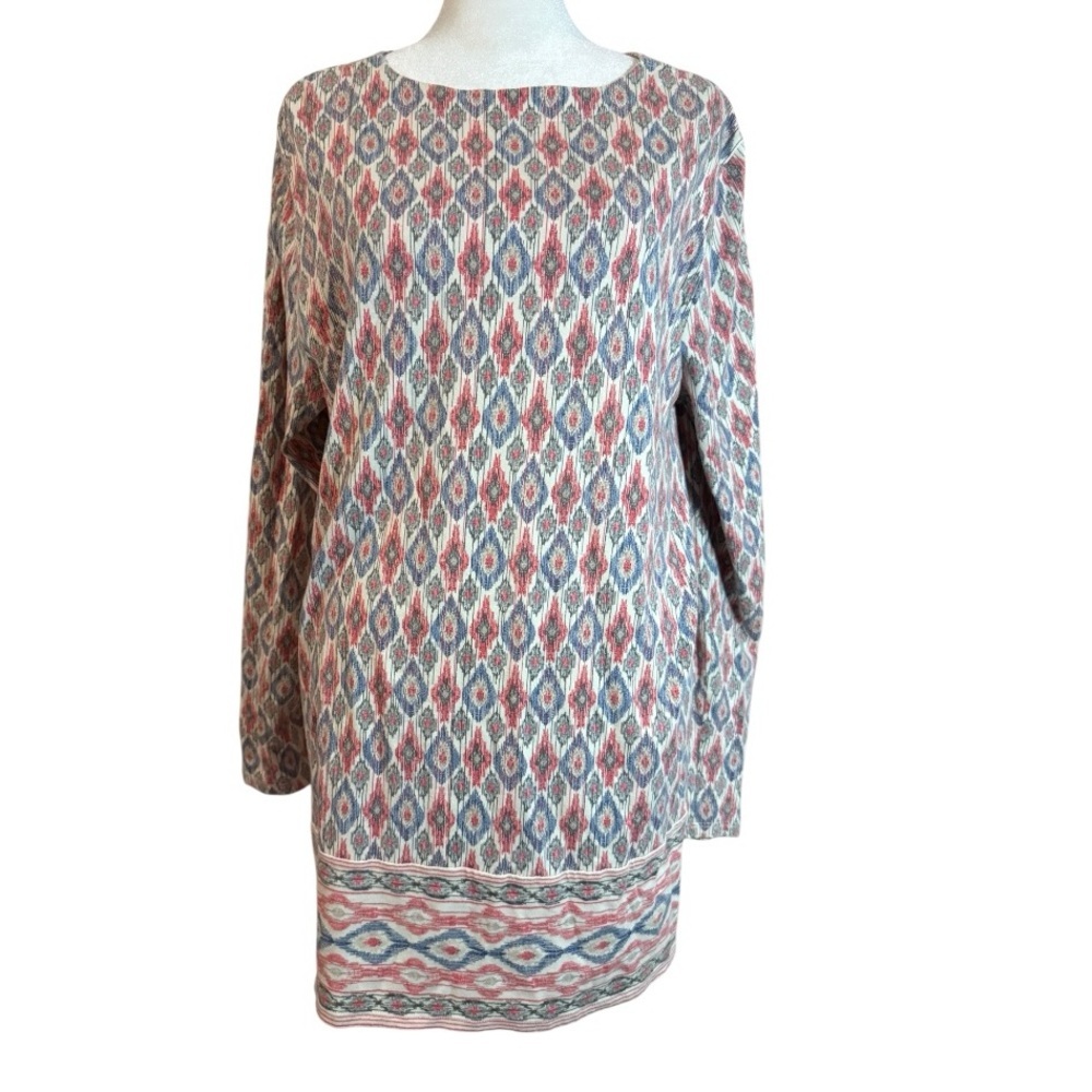 J.Jill Geometric Ikat Print Dress Tunic Size L Coral Blue